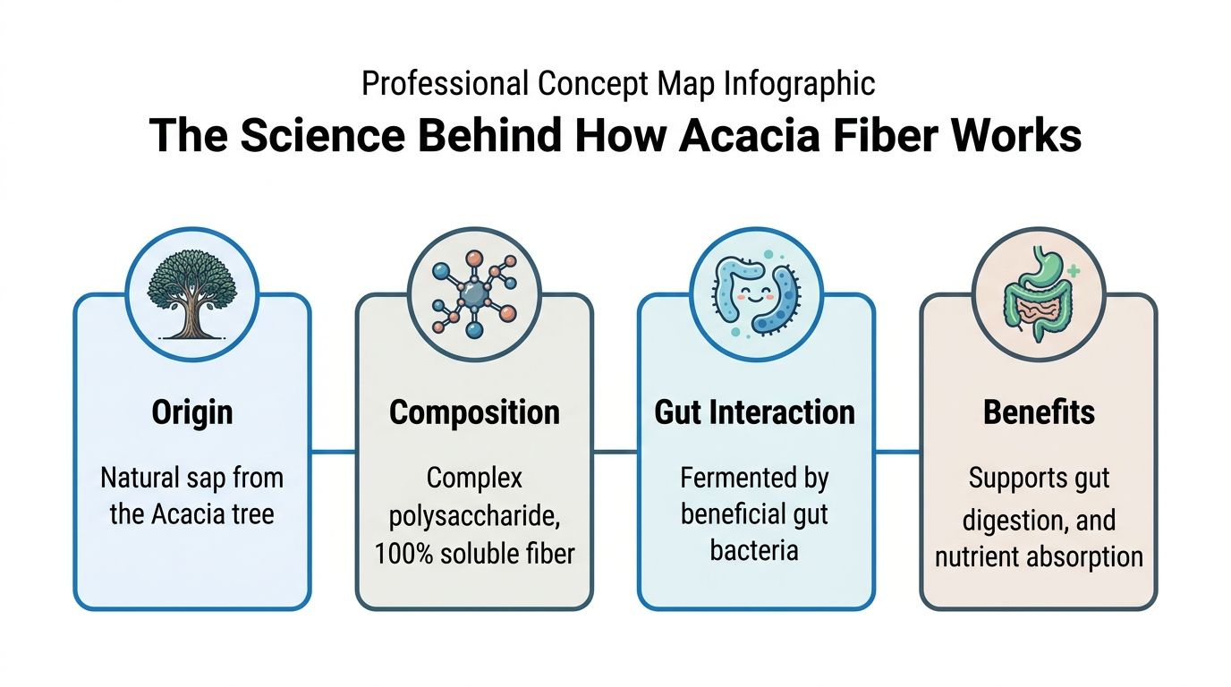 An infographic diagram explaining the origin, chemical composition, gut interaction, and health benefits of acacia fiber.
