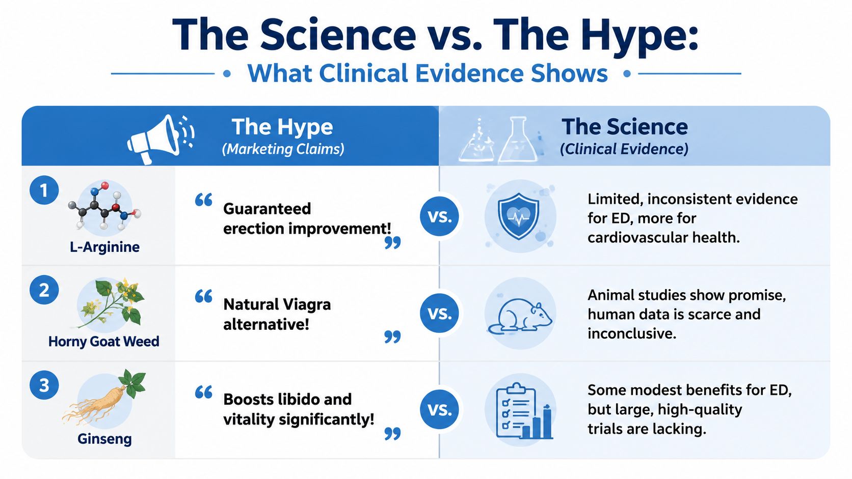 A comparison chart showing marketing hype versus scientific evidence for common male enhancement supplements like L-Arginine, Ginseng, and Horny Goat Weed.
