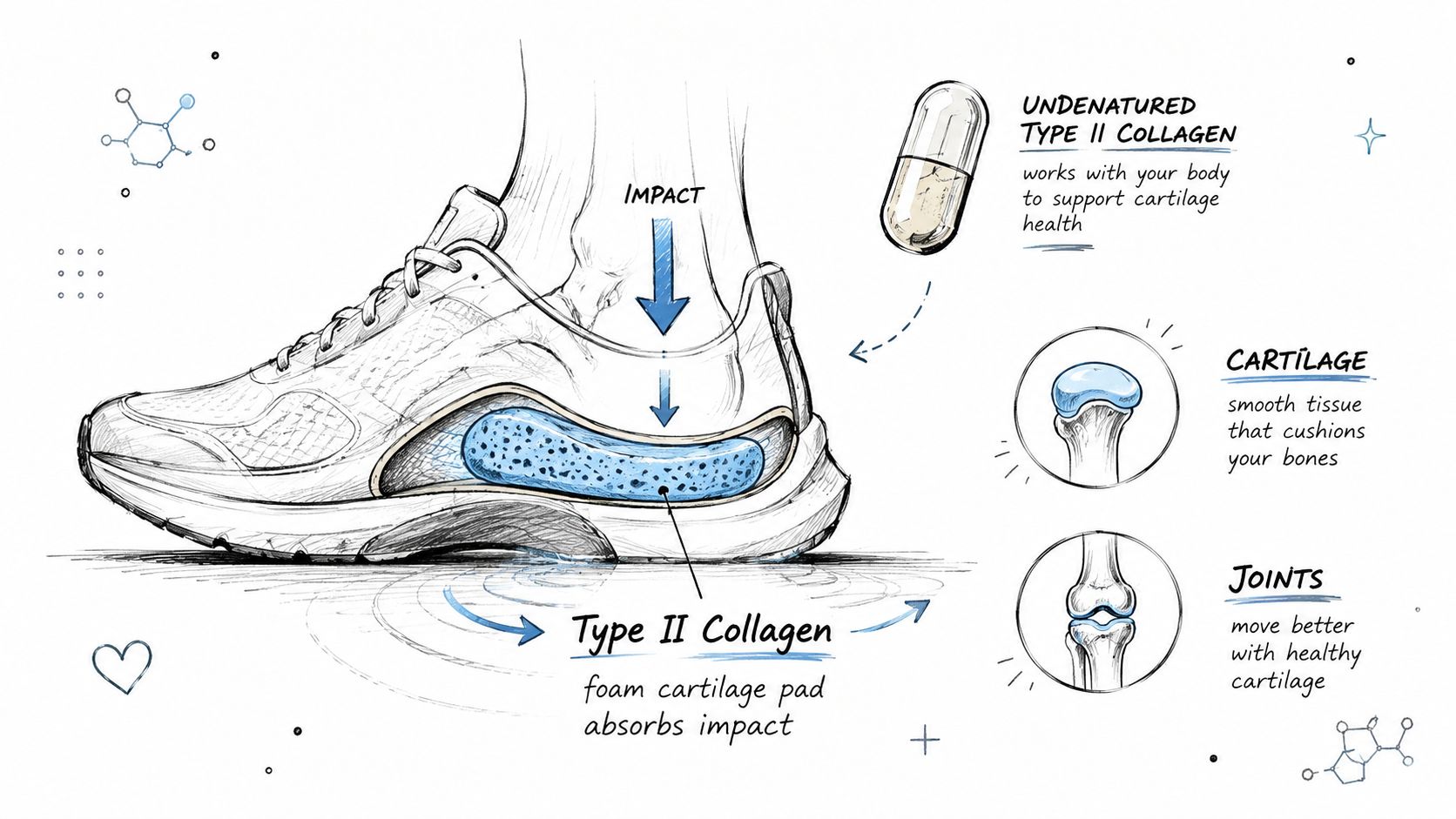 A diagram illustrating how Type II collagen helps support cartilage and joint health using a shoe analogy.