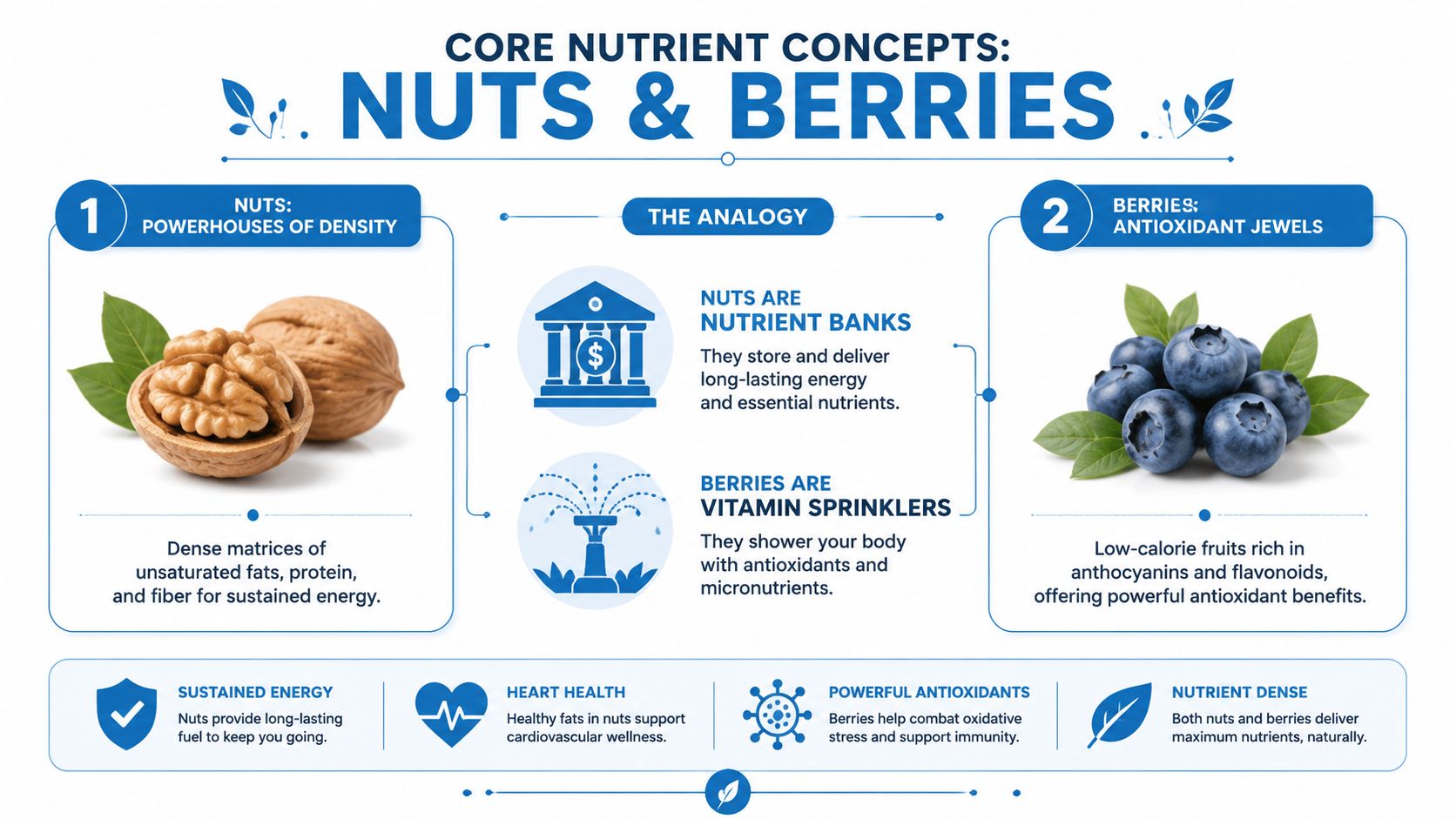 An infographic comparing the health benefits of nuts and berries as nutrient-dense food sources.