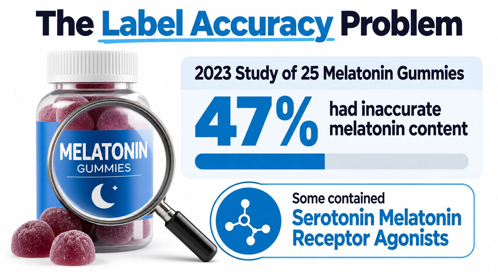 An infographic showing that 47 percent of melatonin gummies in a 2023 study had inaccurate label content.