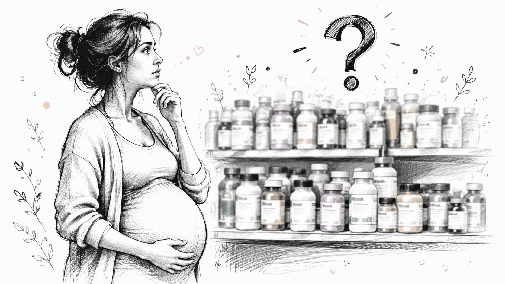 A pregnant woman looks thoughtfully at shelves filled with various bottles of prenatal vitamins and supplements.