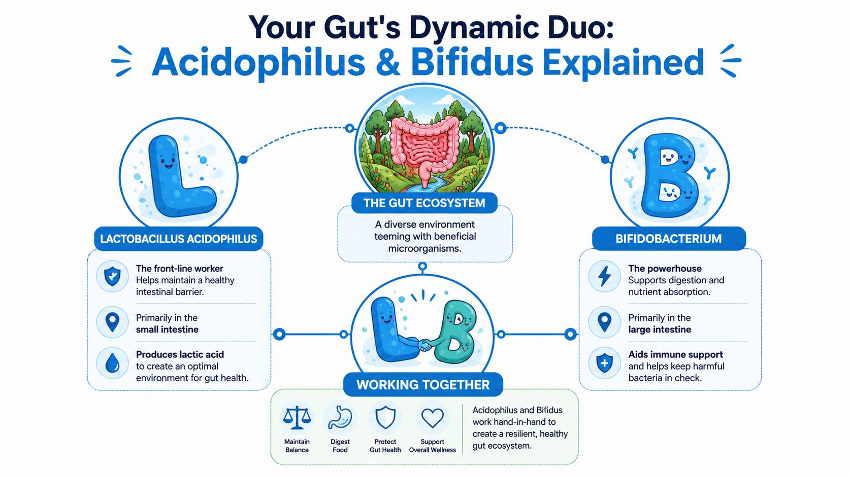 An infographic explaining the benefits and roles of Lactobacillus Acidophilus and Bifidobacterium for gut health.