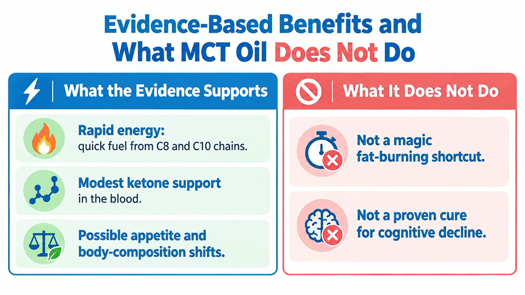 A graphic comparing evidence-based benefits of MCT oil versus common misconceptions about its limitations.
