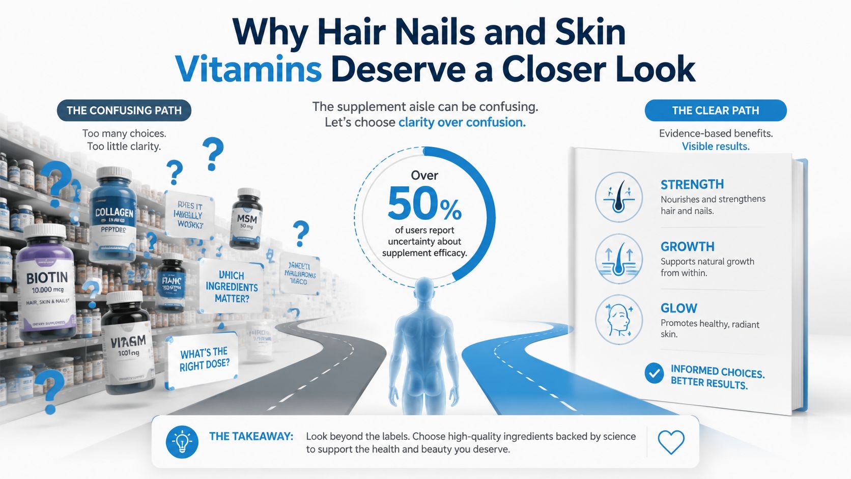 A visual comparison between the confusion of choosing supplements versus the clear path to visible health results.