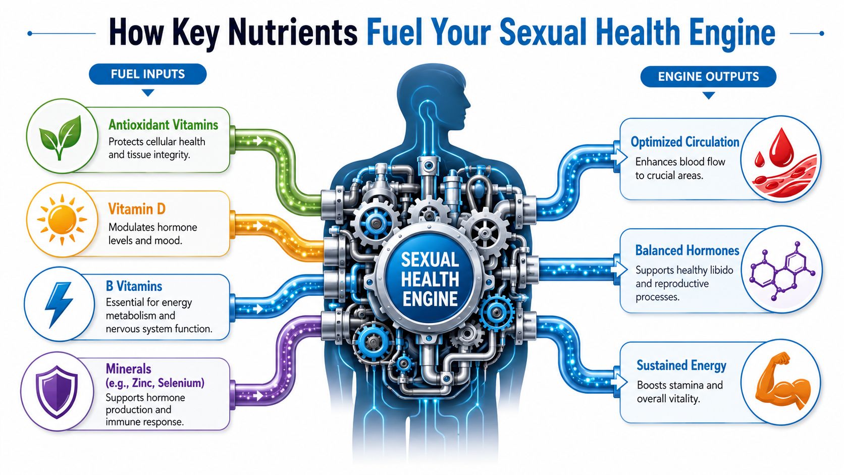 A diagram illustrating how various vitamins and minerals function as fuel for the body's sexual health engine.