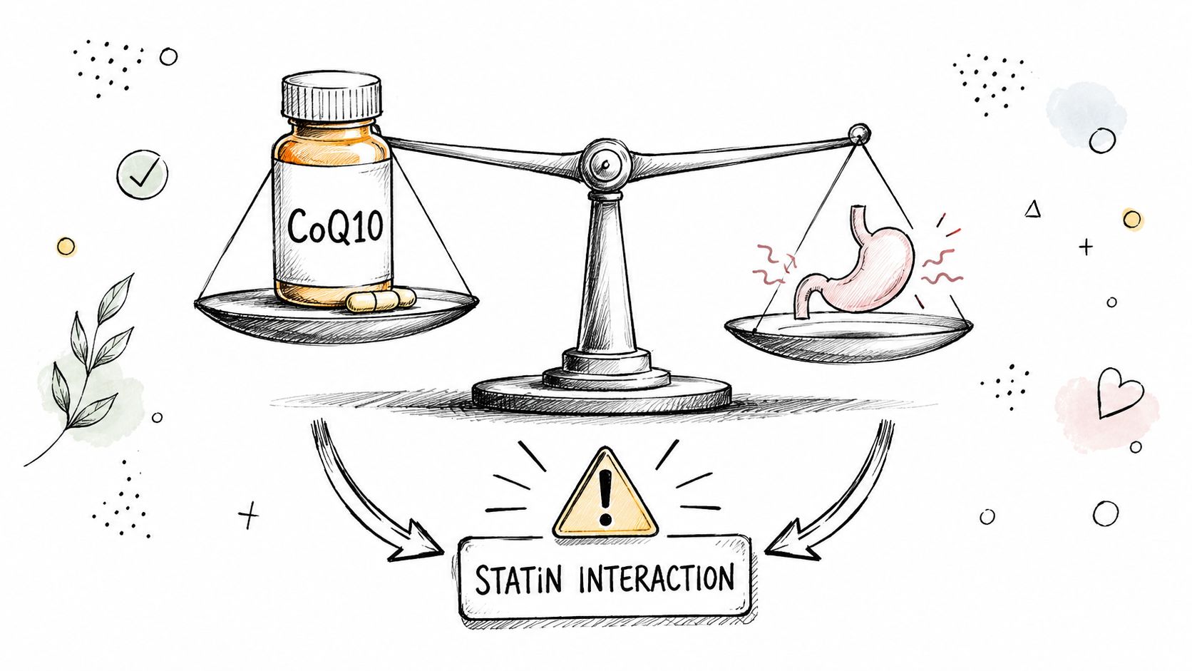 A hand-drawn illustration showing a scale balancing a bottle of CoQ10 supplements against a human stomach.