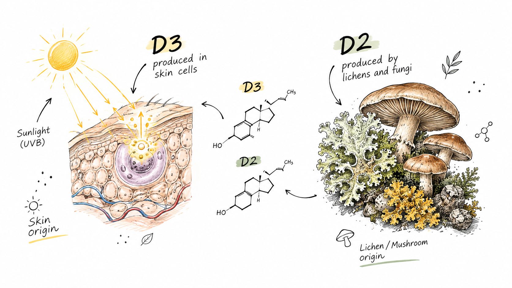 A diagram comparing Vitamin D3 produced by sunlight in human skin and Vitamin D2 from lichens and mushrooms.
