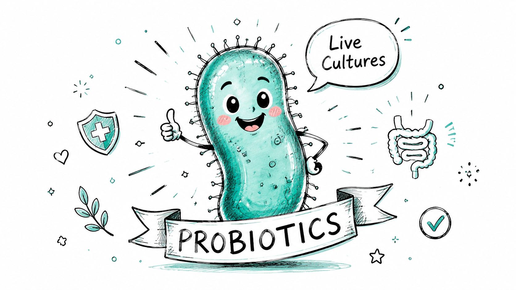 A friendly cartoon bacterium character smiling and giving a thumbs up next to a probiotic label.