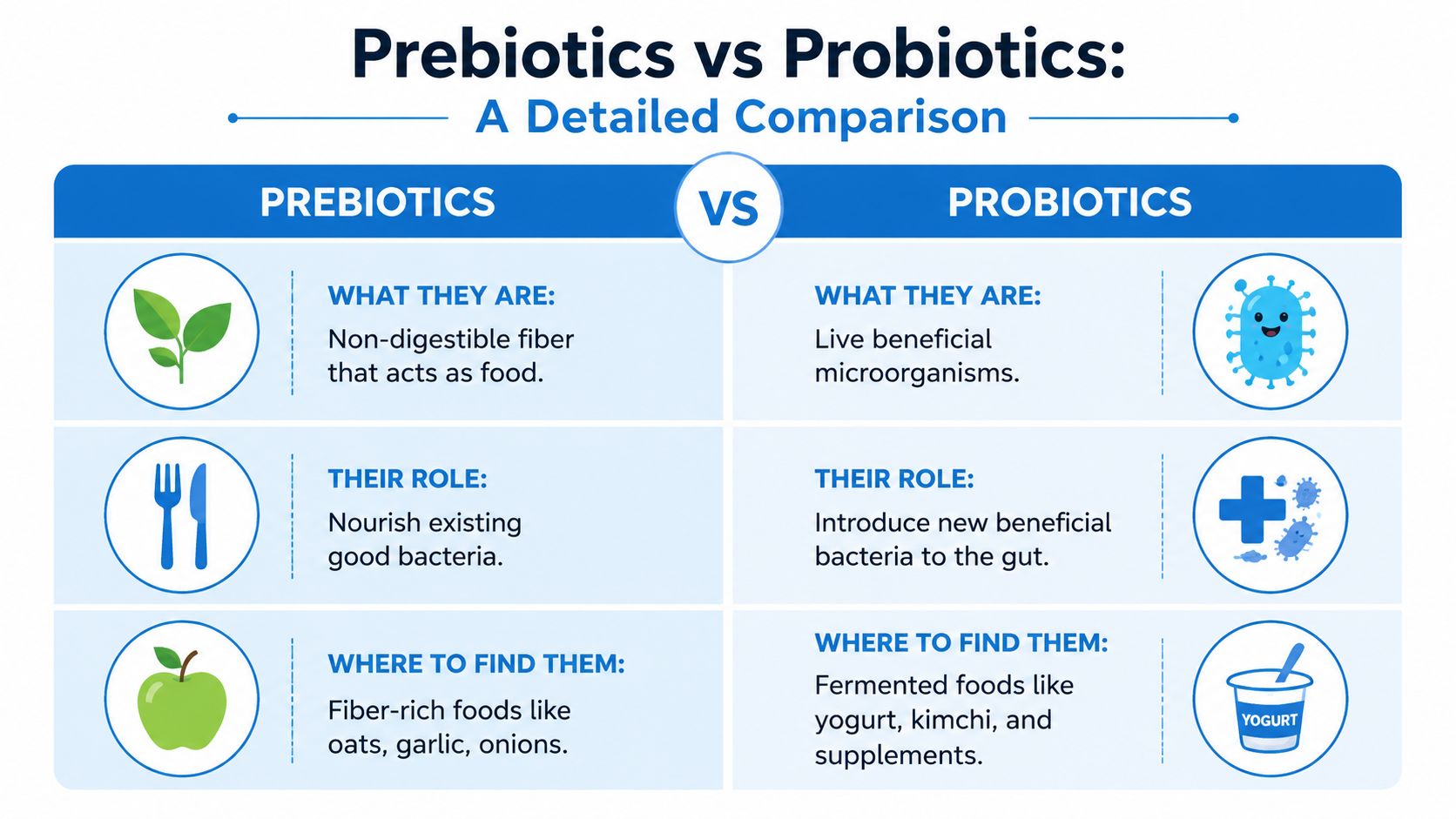 A comparison chart explaining the differences between prebiotics and probiotics, including their definitions, roles, and sources.