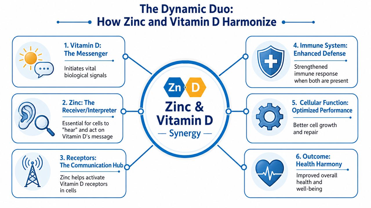 An infographic illustrating how Zinc and Vitamin D work together to enhance immunity and cellular function.