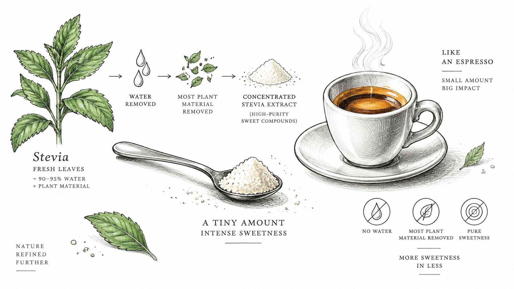 A diagram illustrating the refinement process of stevia leaves into concentrated sweet extract powder for consumption.
