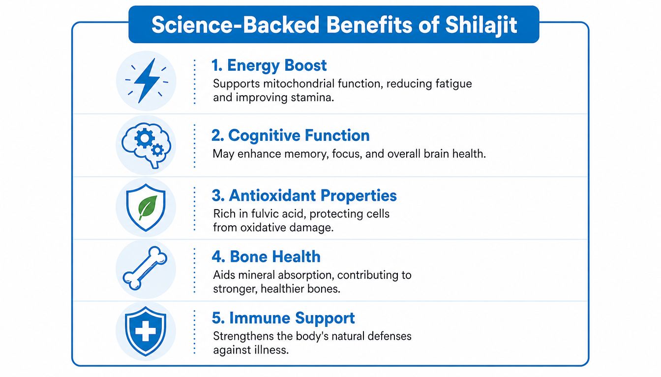 An infographic titled Science-Backed Benefits of Shilajit listing five health benefits including energy, brain, and immune support.