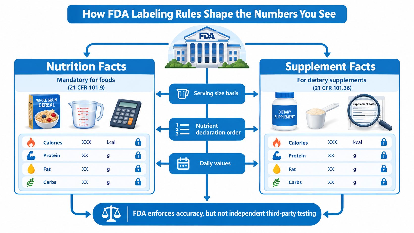 An infographic showing how FDA regulations govern nutritional labeling for food products and dietary supplements.