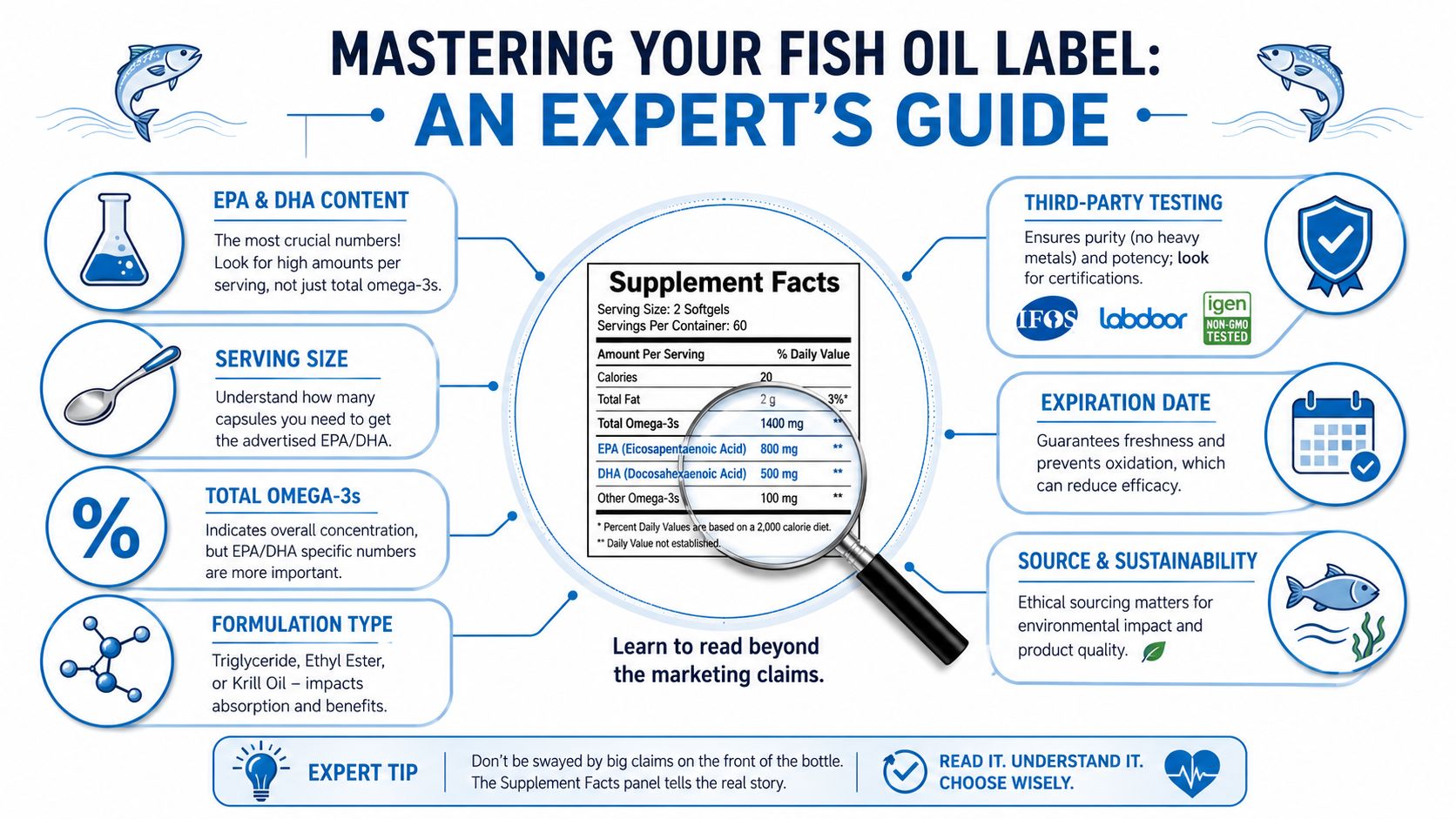 An expert guide infographic explaining how to read and interpret fish oil supplement nutrition labels correctly.