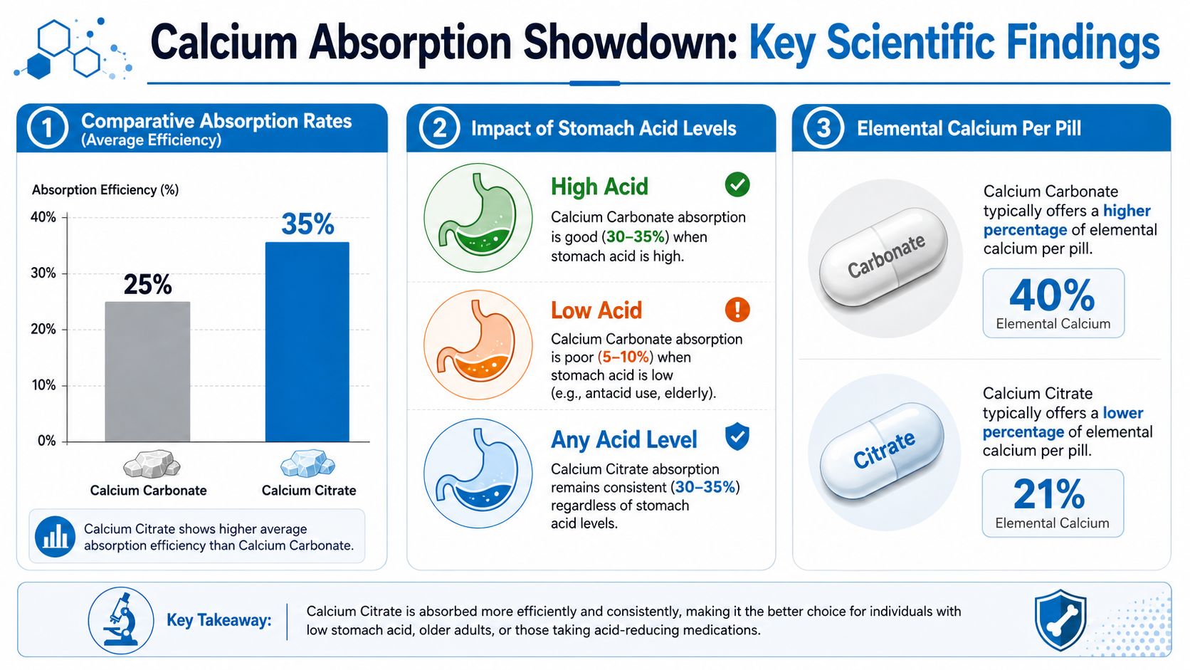 An infographic comparing the absorption efficiency and elemental calcium levels of calcium carbonate versus calcium citrate supplements.