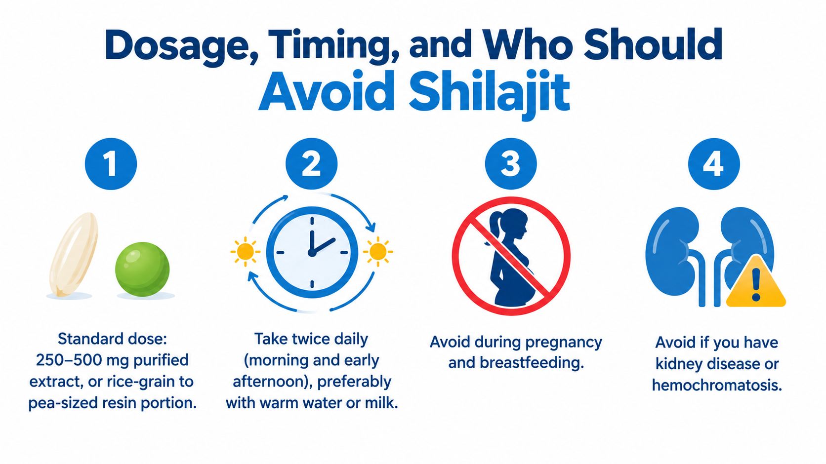 An infographic detailing the recommended daily dosage, timing, and medical contraindications for using shilajit resin supplements.
