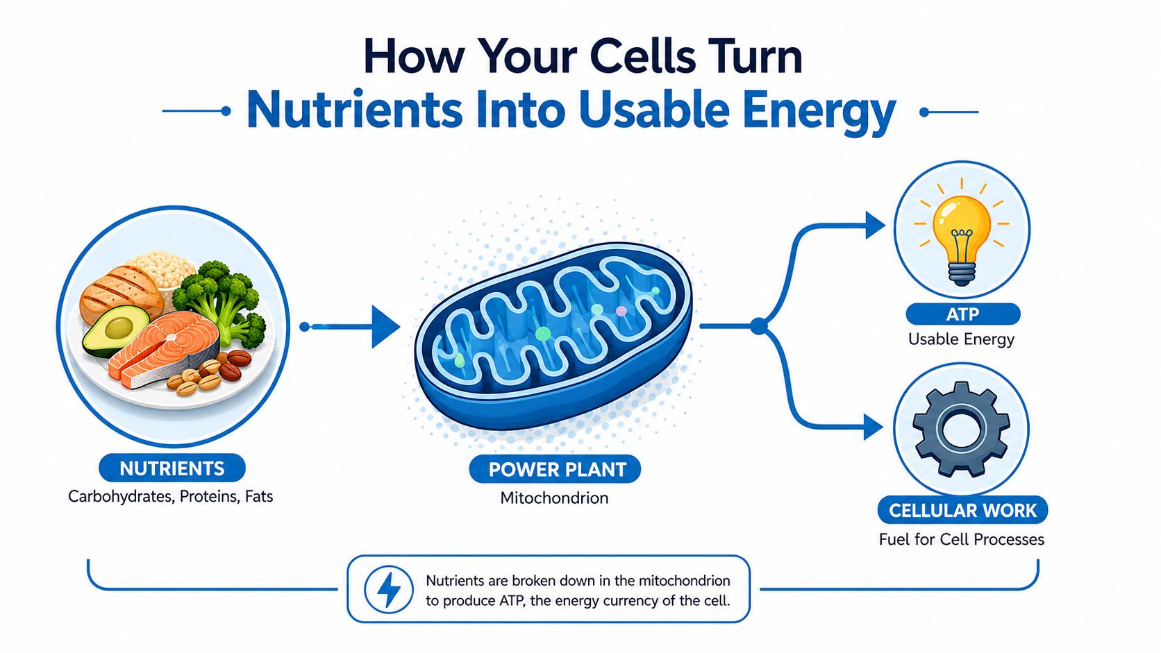 A diagram illustrating how cells convert nutrients like carbohydrates, proteins, and fats into usable energy.