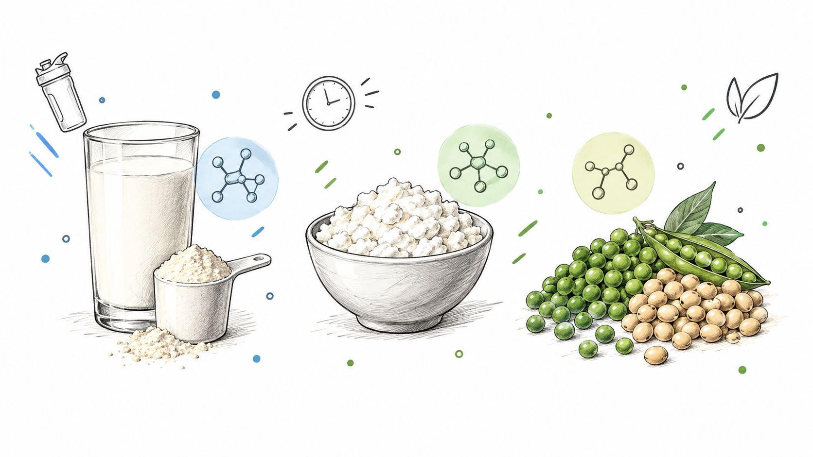 A hand-drawn illustration showing different protein sources including a glass of milk, cottage cheese, and plant-based peas.