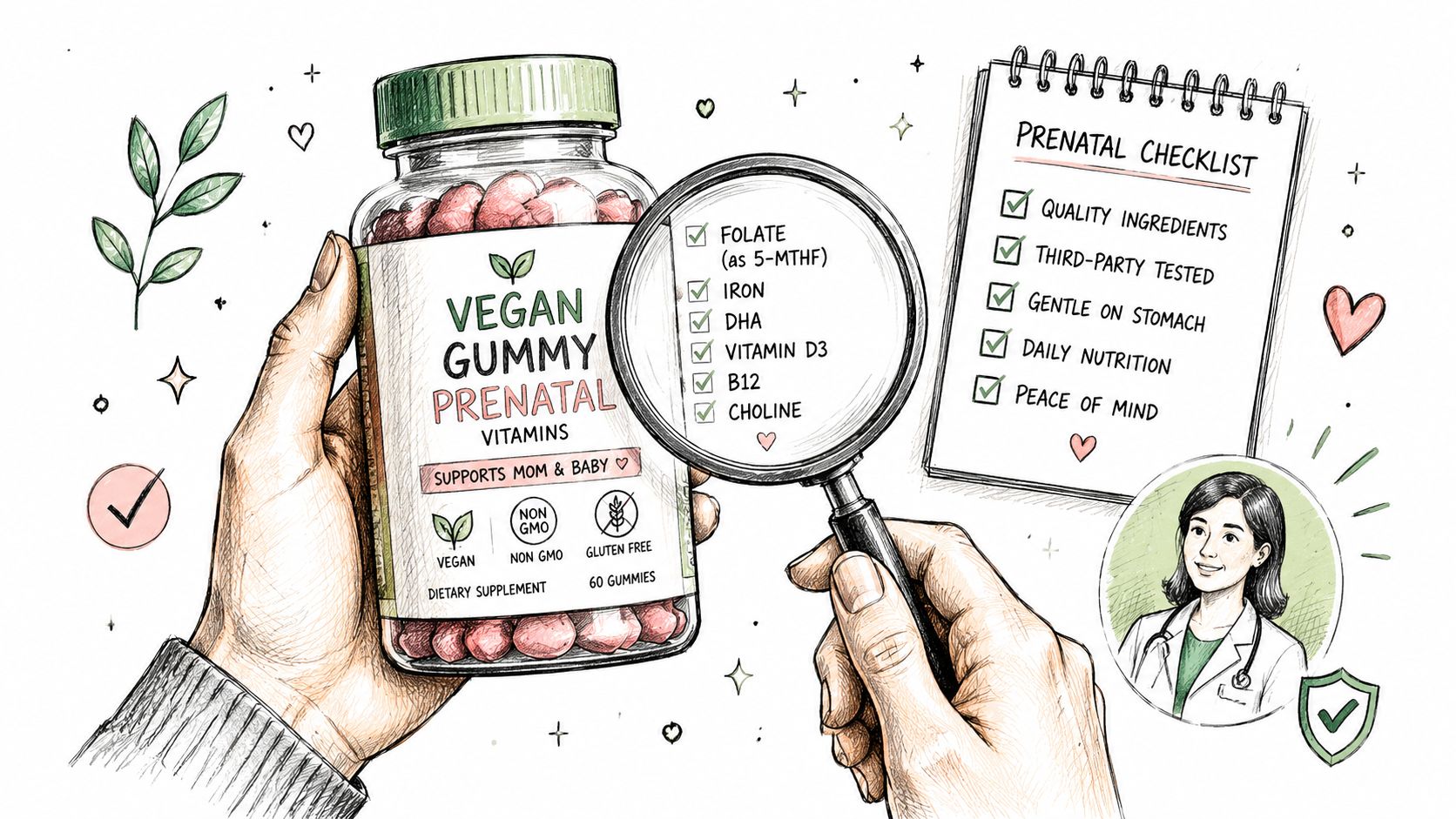 A hand holds a bottle of vegan gummy prenatal vitamins under a magnifying glass, next to a checklist.
