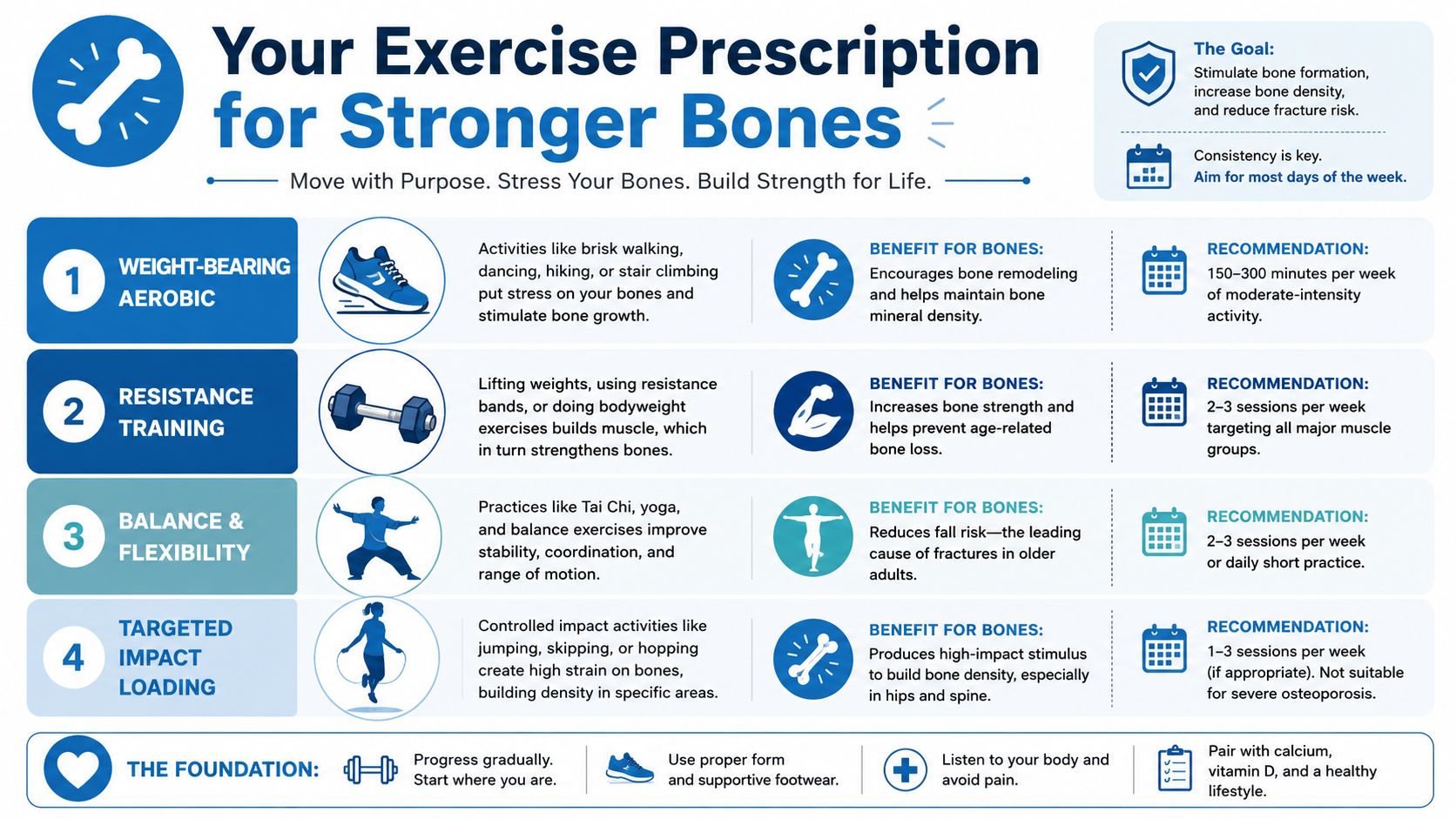 An infographic titled Your Exercise Prescription for Stronger Bones detailing four exercise types and recommendations.