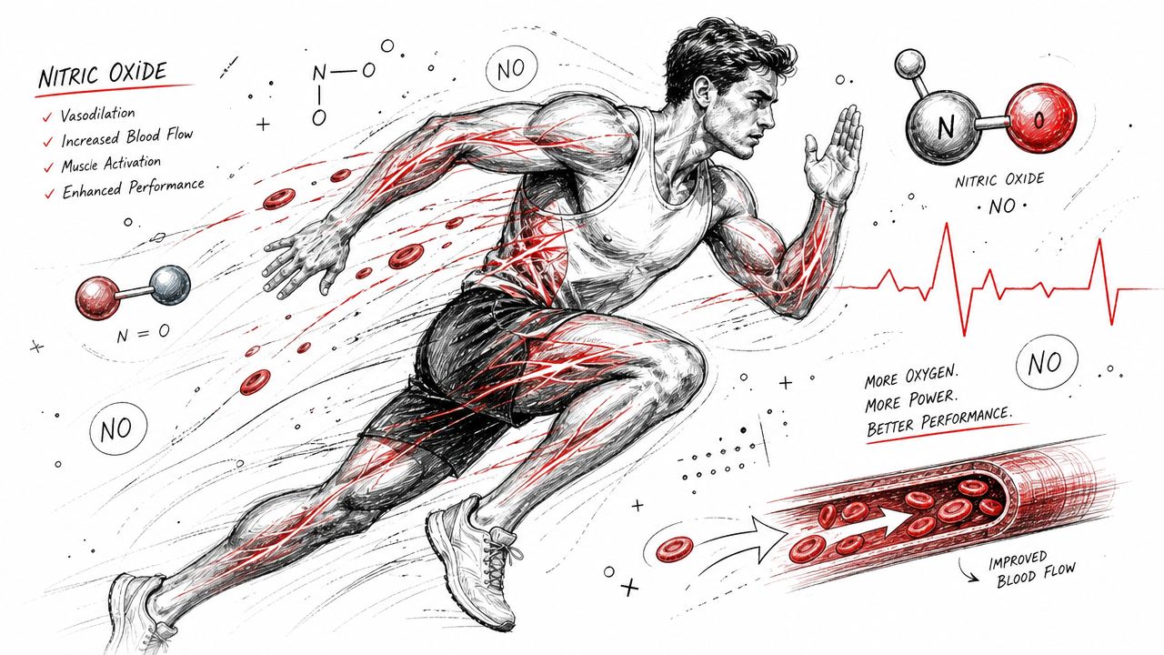 A detailed illustration of an athlete running, showing how nitric oxide improves blood flow and performance.