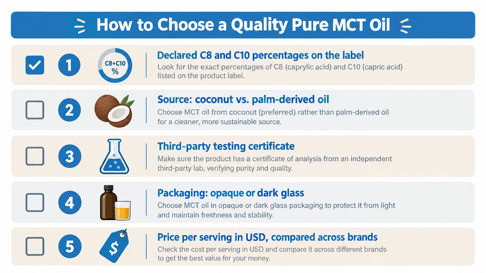 An infographic titled How to Choose a Quality Pure MCT Oil with five numbered tips.