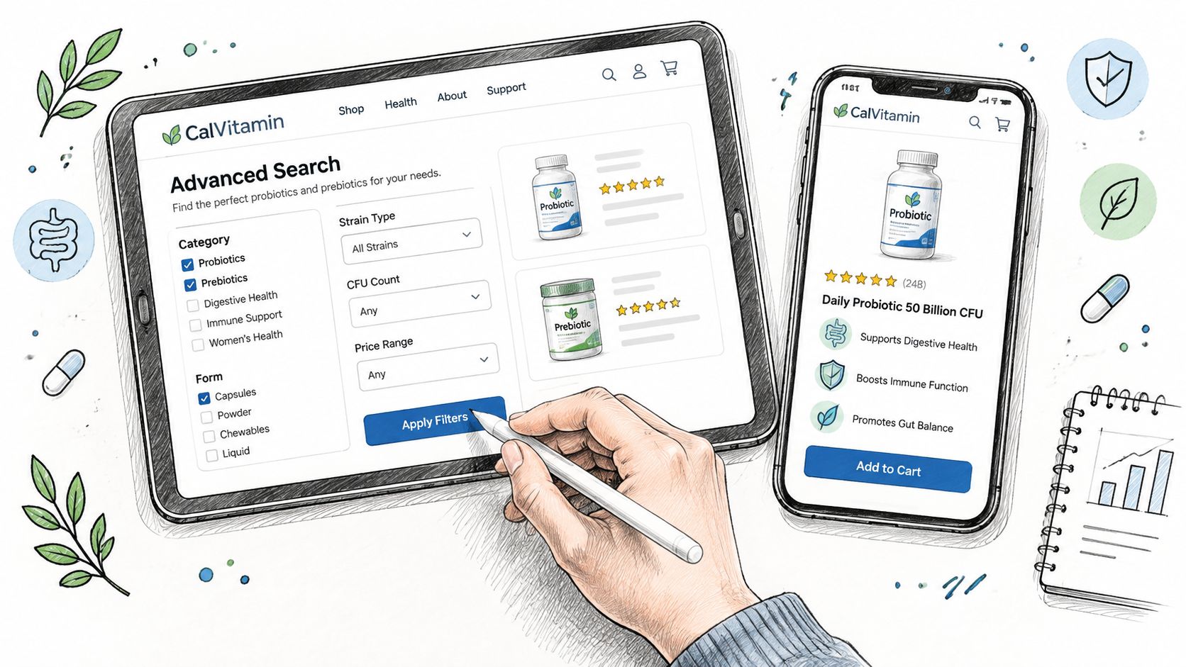 A hand using a digital pen on a tablet to filter probiotics and prebiotics online.