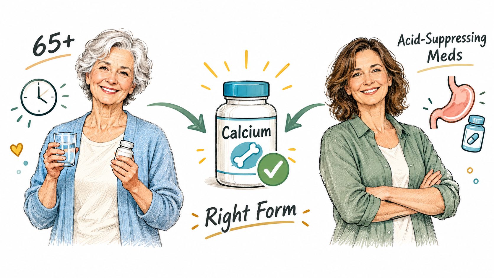 A woman over 65 and a woman taking acid-suppressing medication choosing the right form of calcium supplement.
