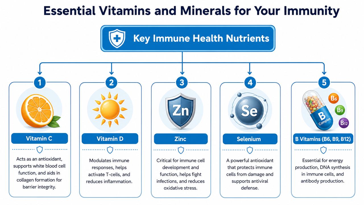 A diagram illustrating five essential vitamins and minerals that play a critical role in supporting immune health.