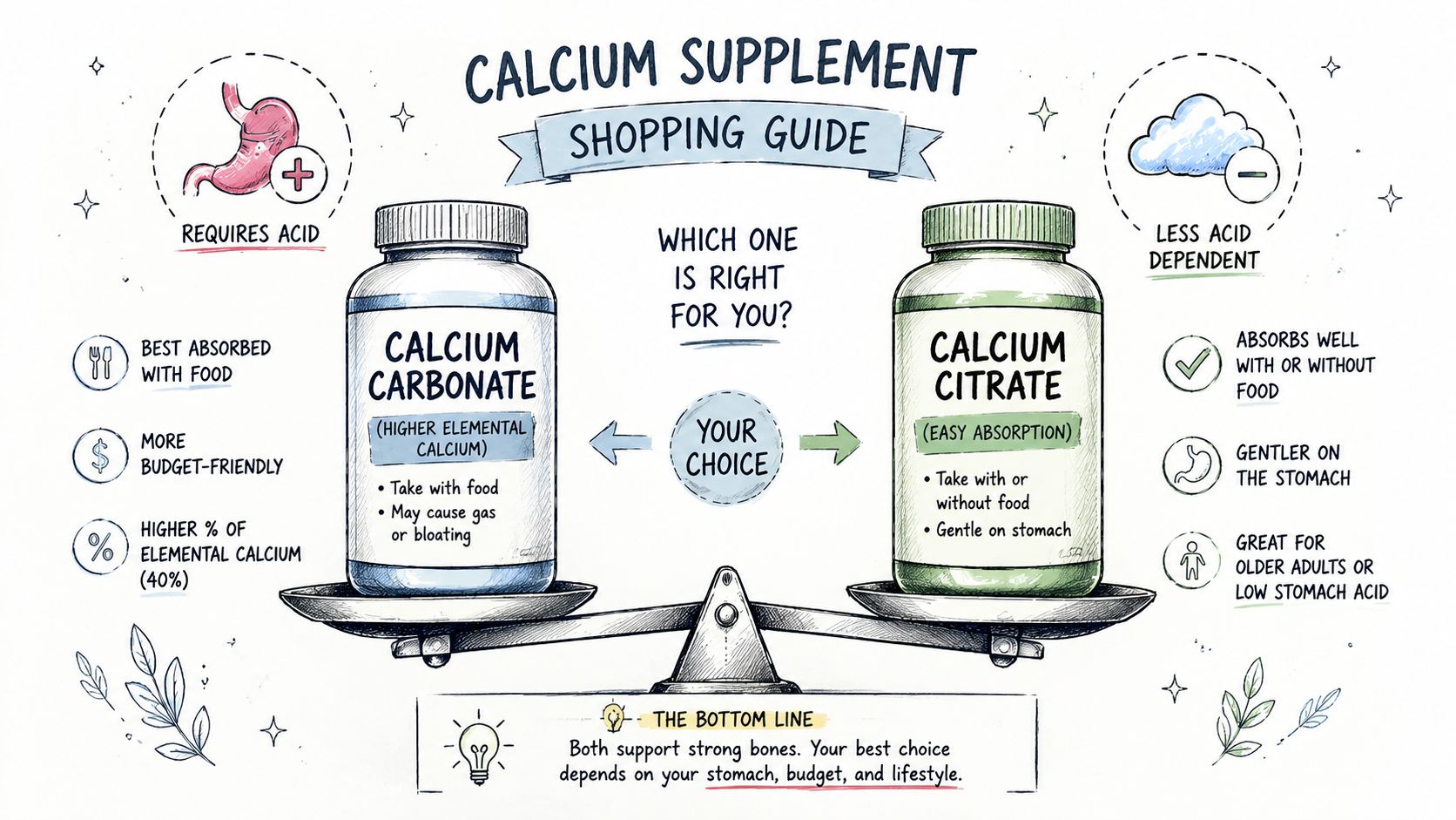 A comparison guide for calcium supplements, highlighting the differences between calcium carbonate and calcium citrate for health.
