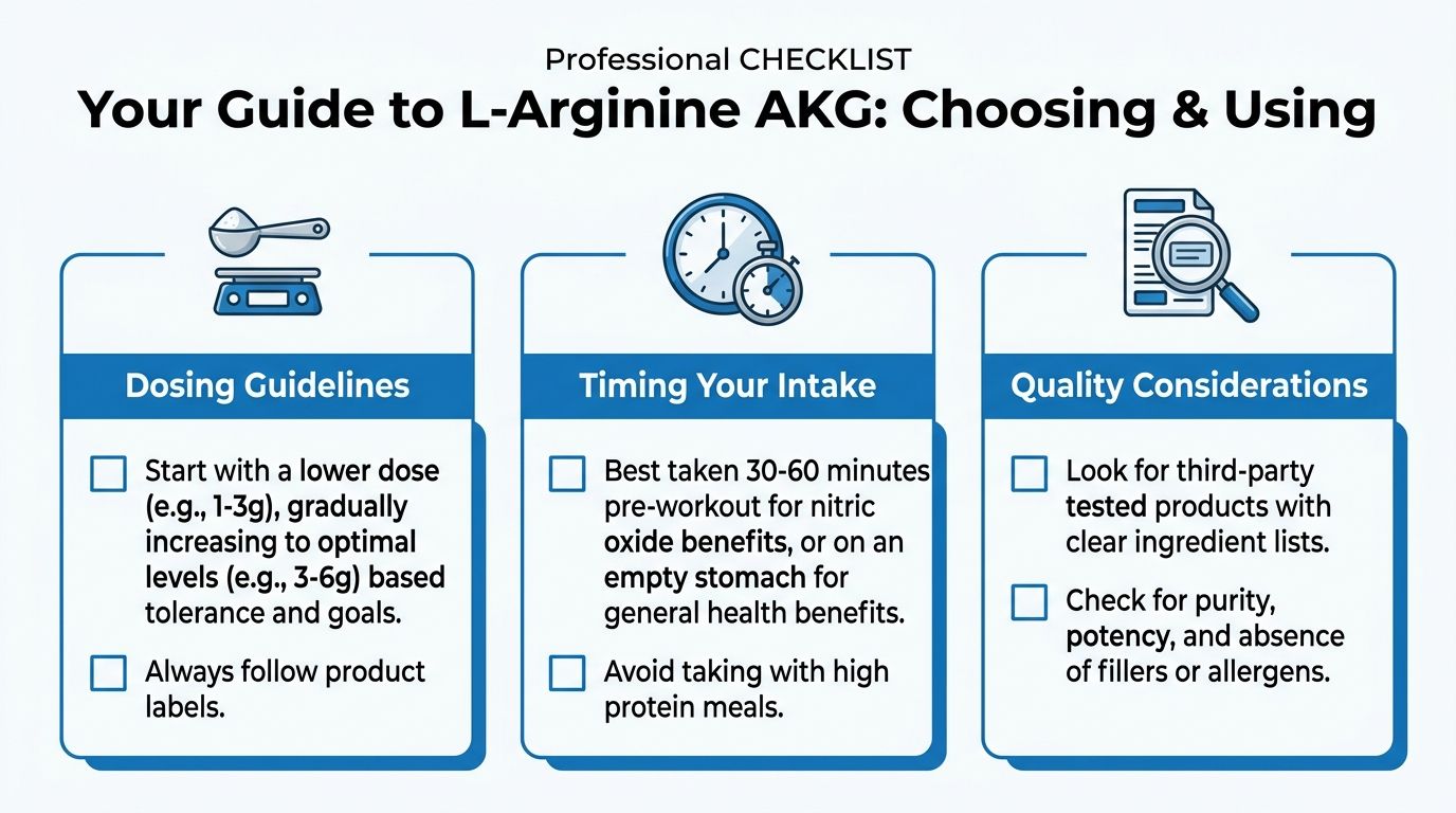 An informative checklist infographic guiding users on the proper dosage, timing, and quality selection of L-Arginine AKG supplements.