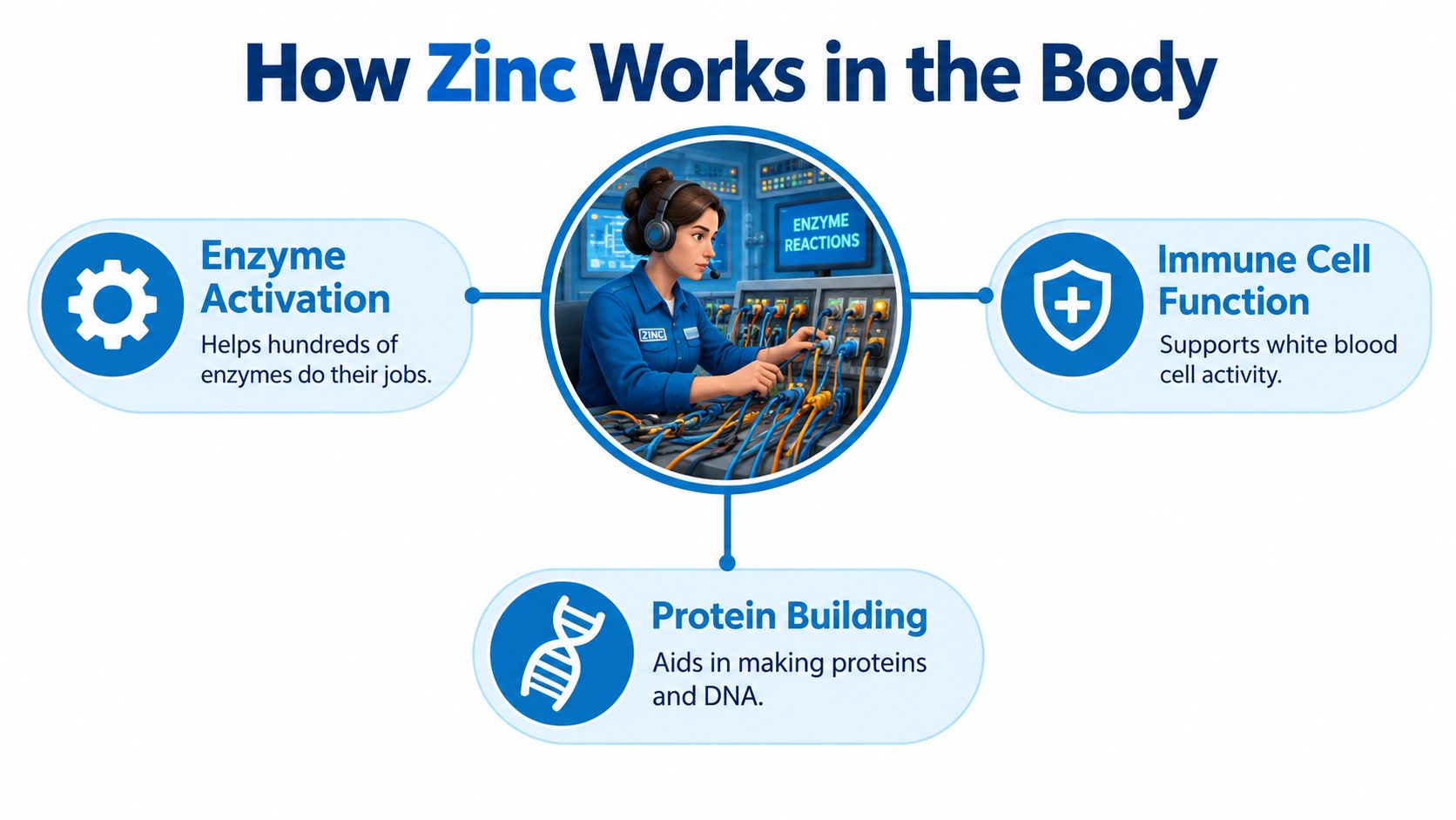 A diagram illustrating how zinc functions in the human body, specifically highlighting enzyme activation, immune support, and protein synthesis.