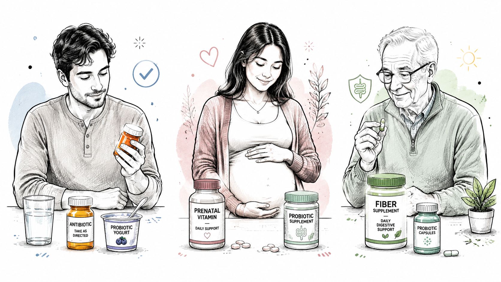 An illustration showing three different people managing their daily health supplements, probiotics, and medications for nutritional support.