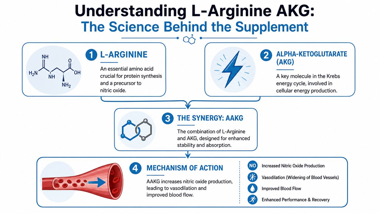 An infographic explaining the scientific role, synergy, and performance benefits of the supplement L-Arginine AKG.
