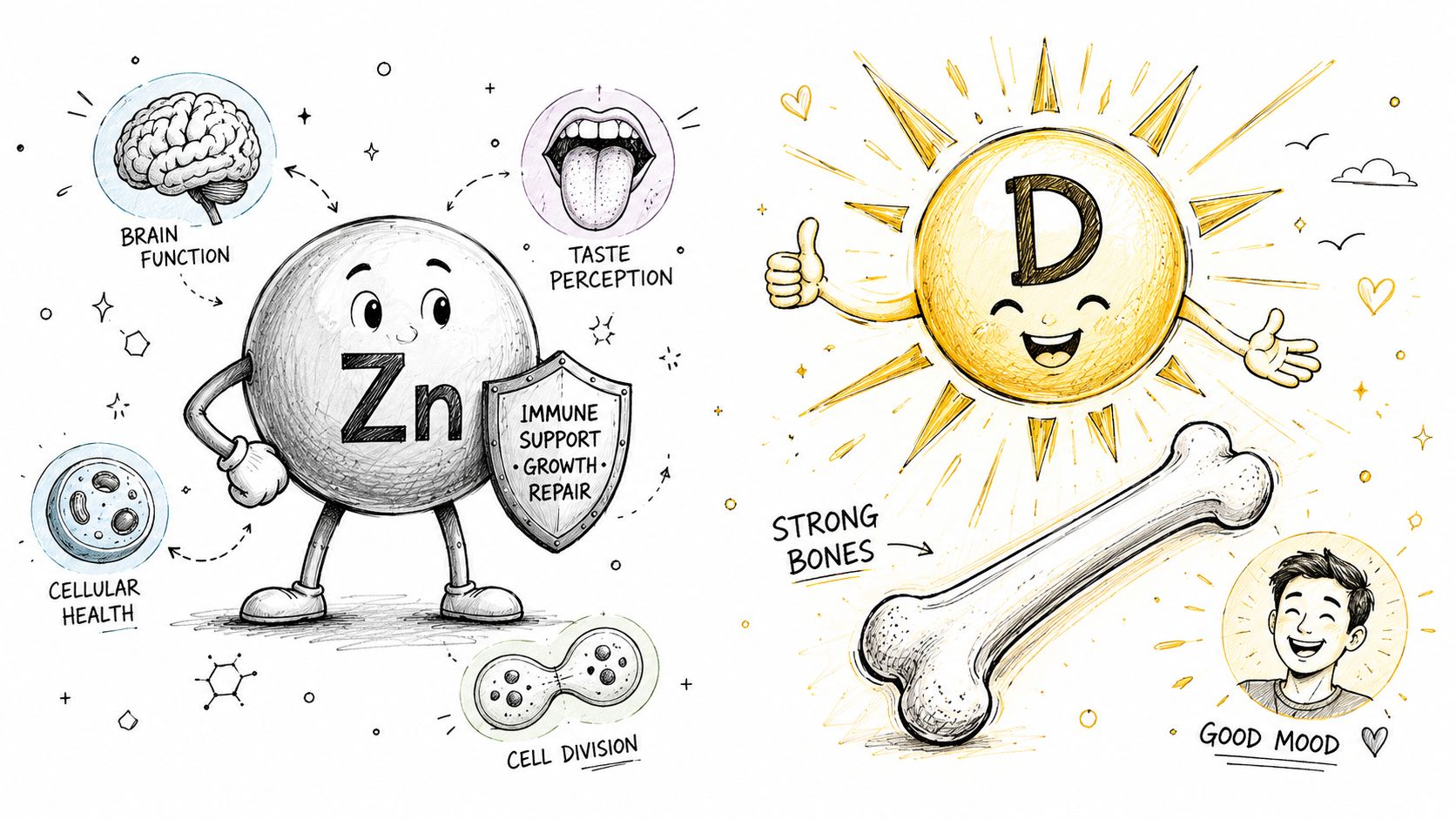 A creative illustration depicting the benefits of Zinc and Vitamin D for health, immunity, and well-being.