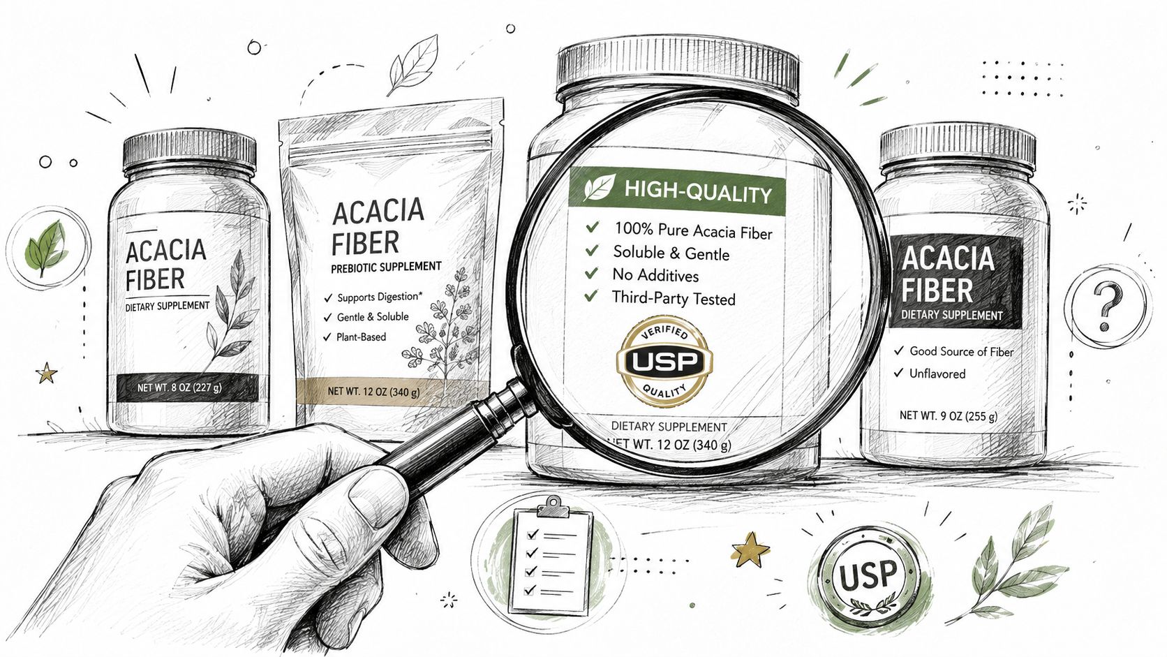 A hand holding a magnifying glass over a jar of high-quality acacia fiber dietary supplement.