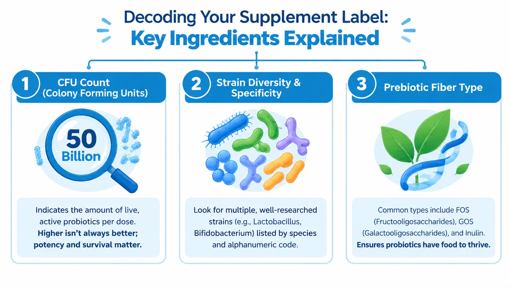 An infographic titled Decoding Your Supplement Label explaining CFU count, strain diversity, and prebiotic fiber types.