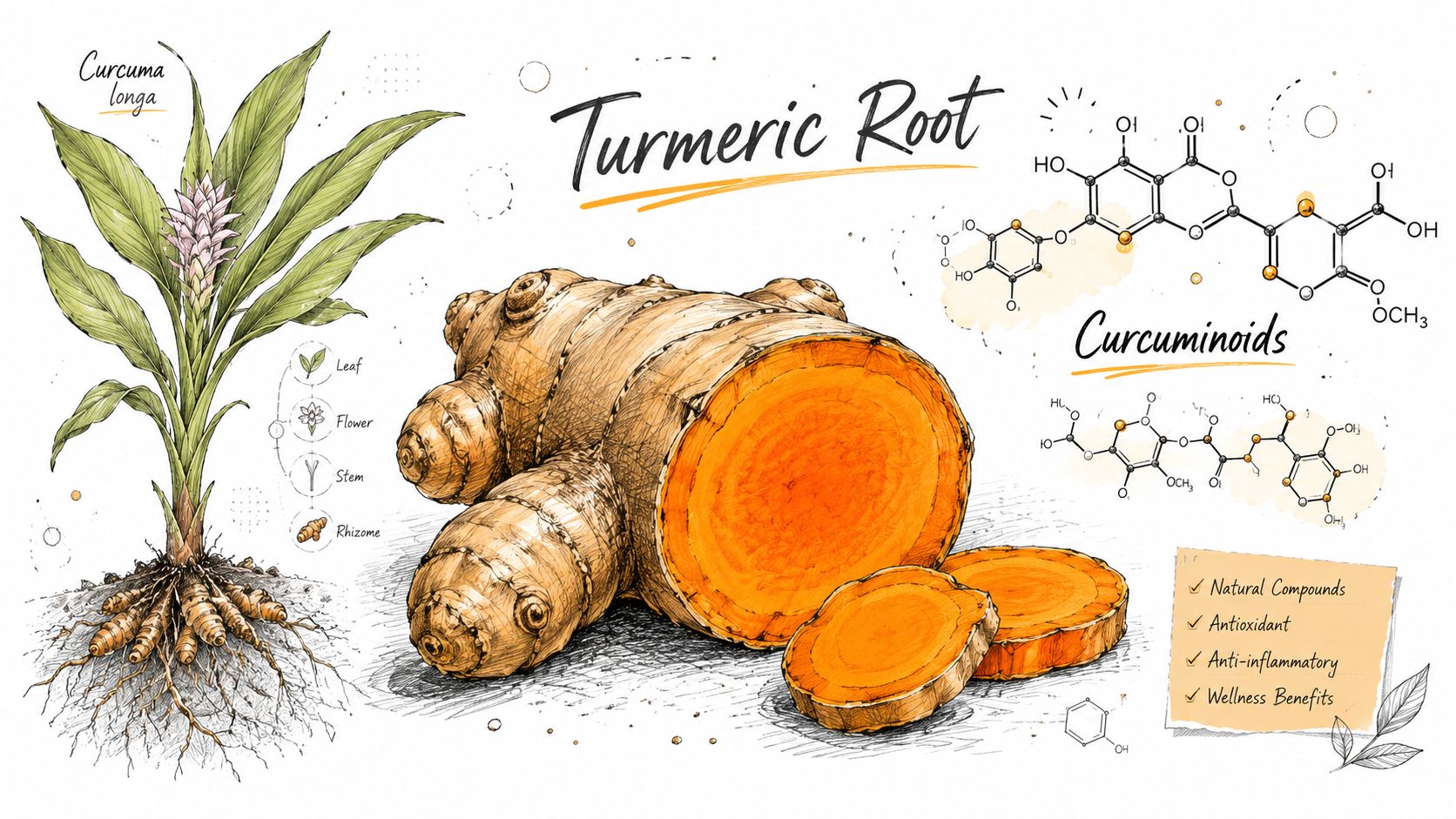 An educational illustration showing a turmeric plant, raw turmeric root, chemical structures, and wellness benefit highlights.