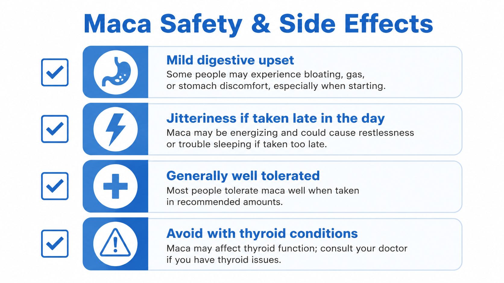 A graphic listing the safety profile and potential side effects of taking maca root supplements.