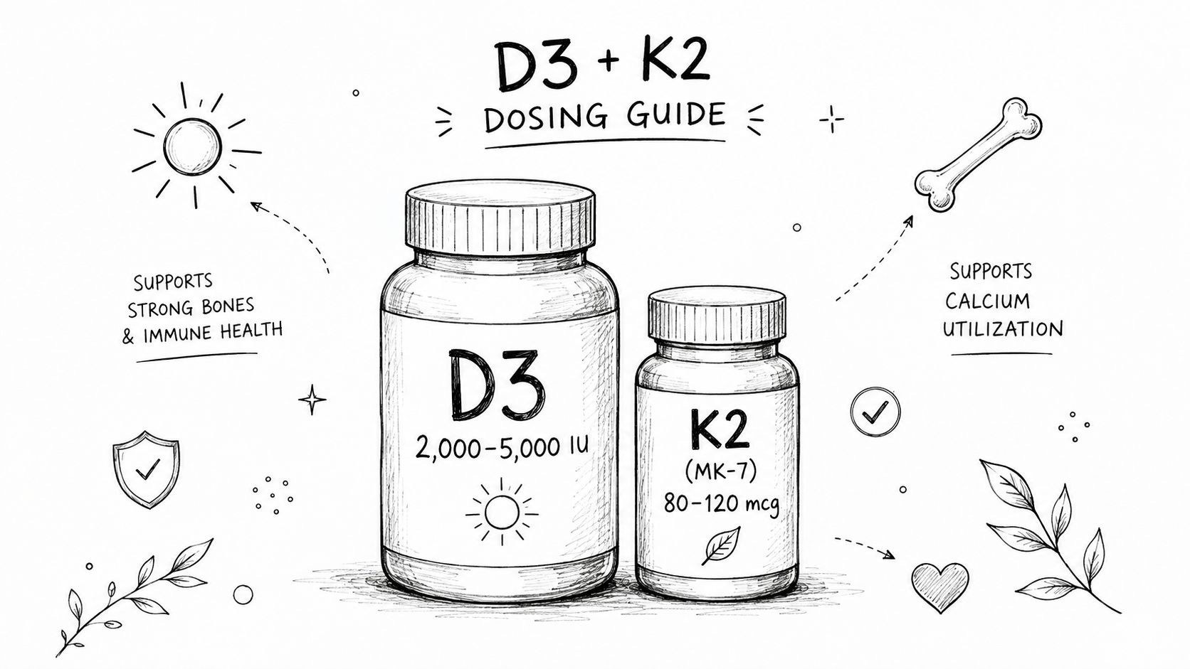 A hand-drawn illustration showing a D3 and K2 dosing guide for bone and immune health support.