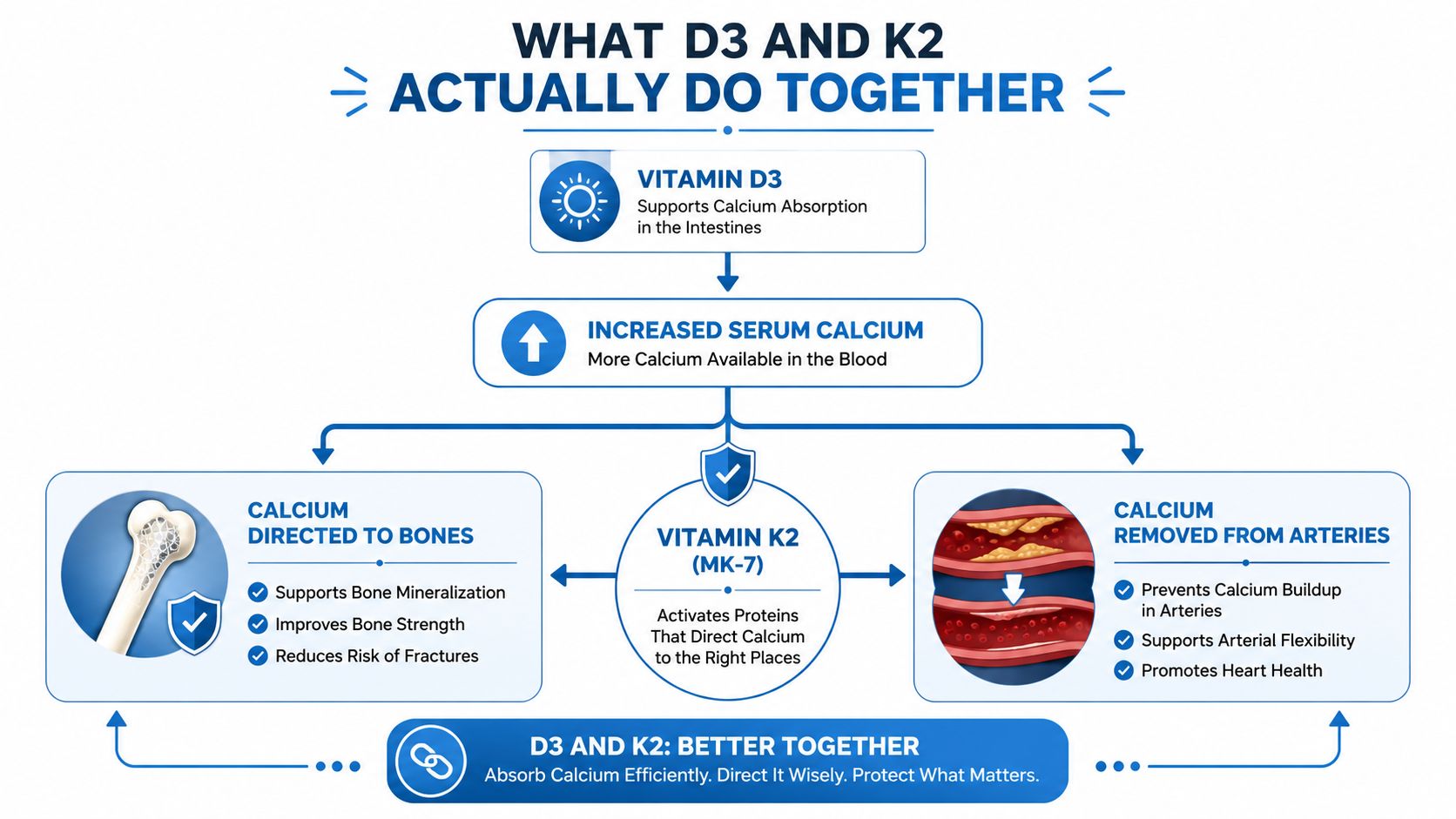 A diagram illustrating how Vitamin D3 and K2 work together to manage calcium in the human body.