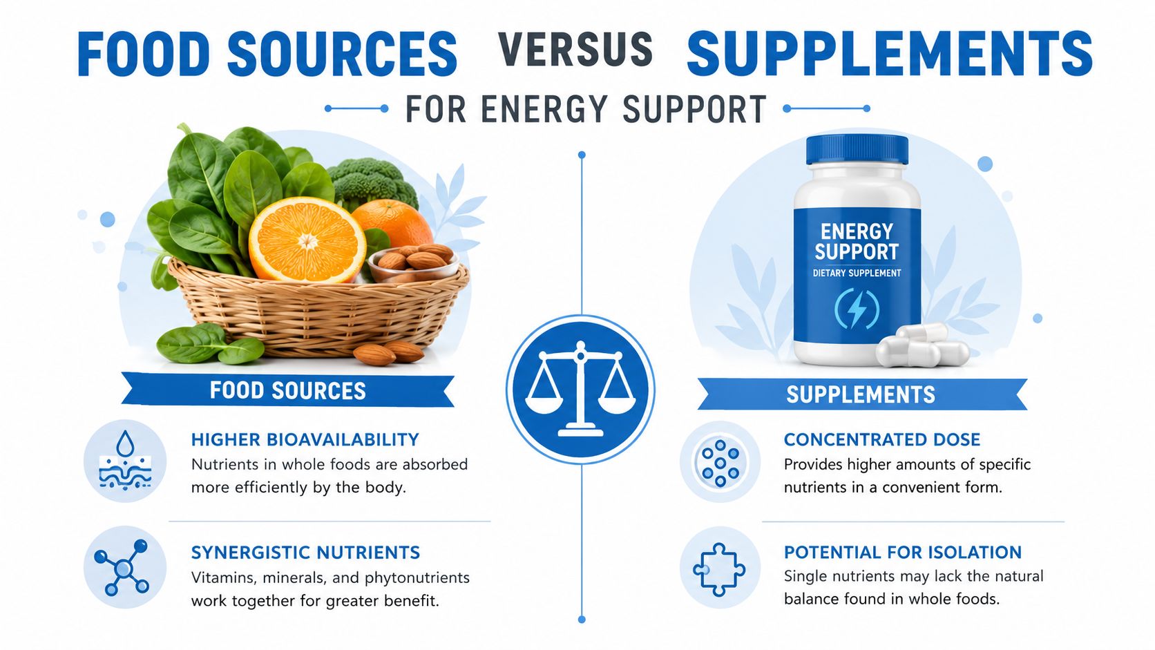 A comparative infographic showing fresh whole foods versus dietary energy supplements, highlighting their benefits and drawbacks.