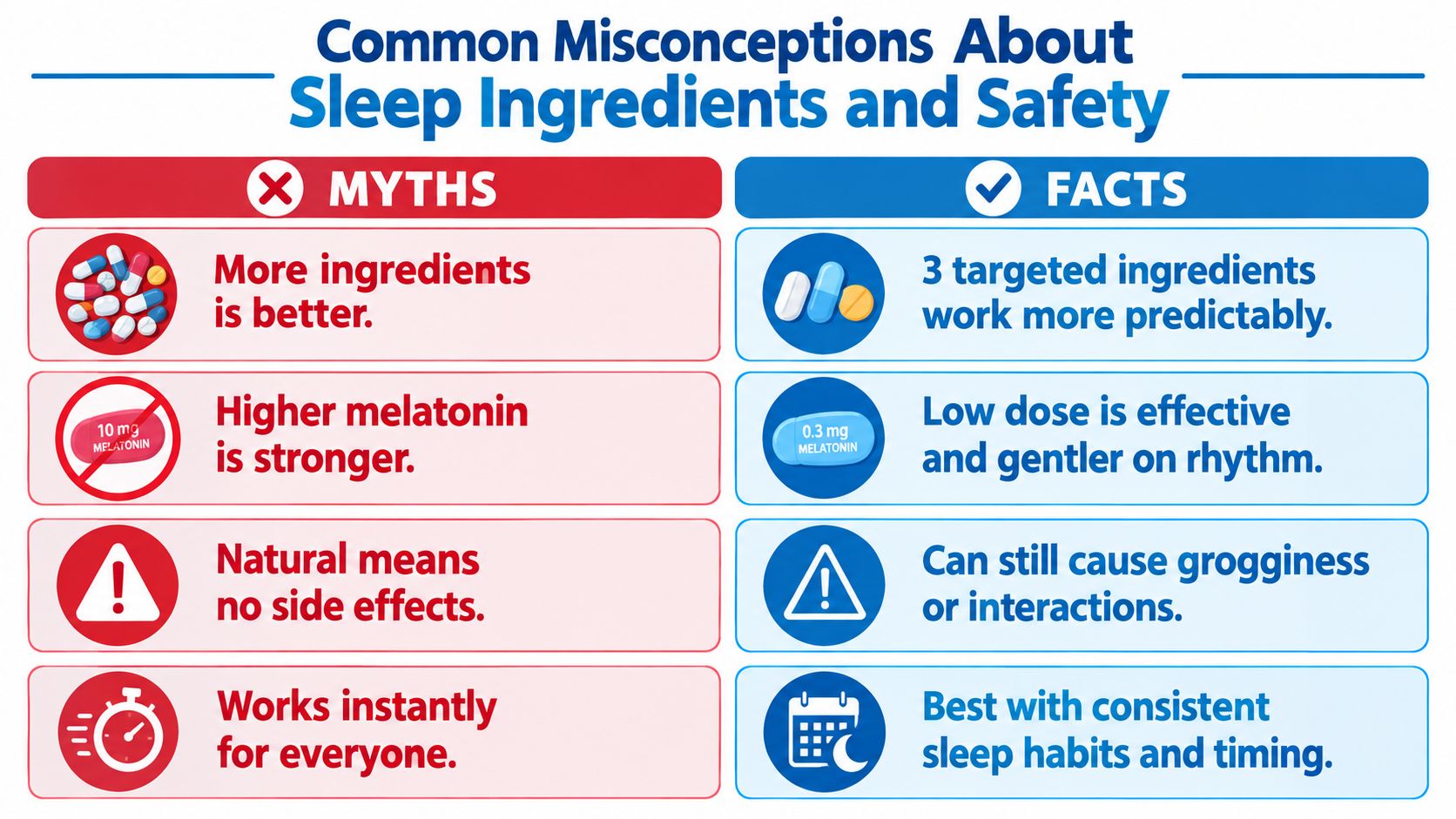 A comparison chart of myths versus facts regarding sleep aid ingredients and safety considerations.