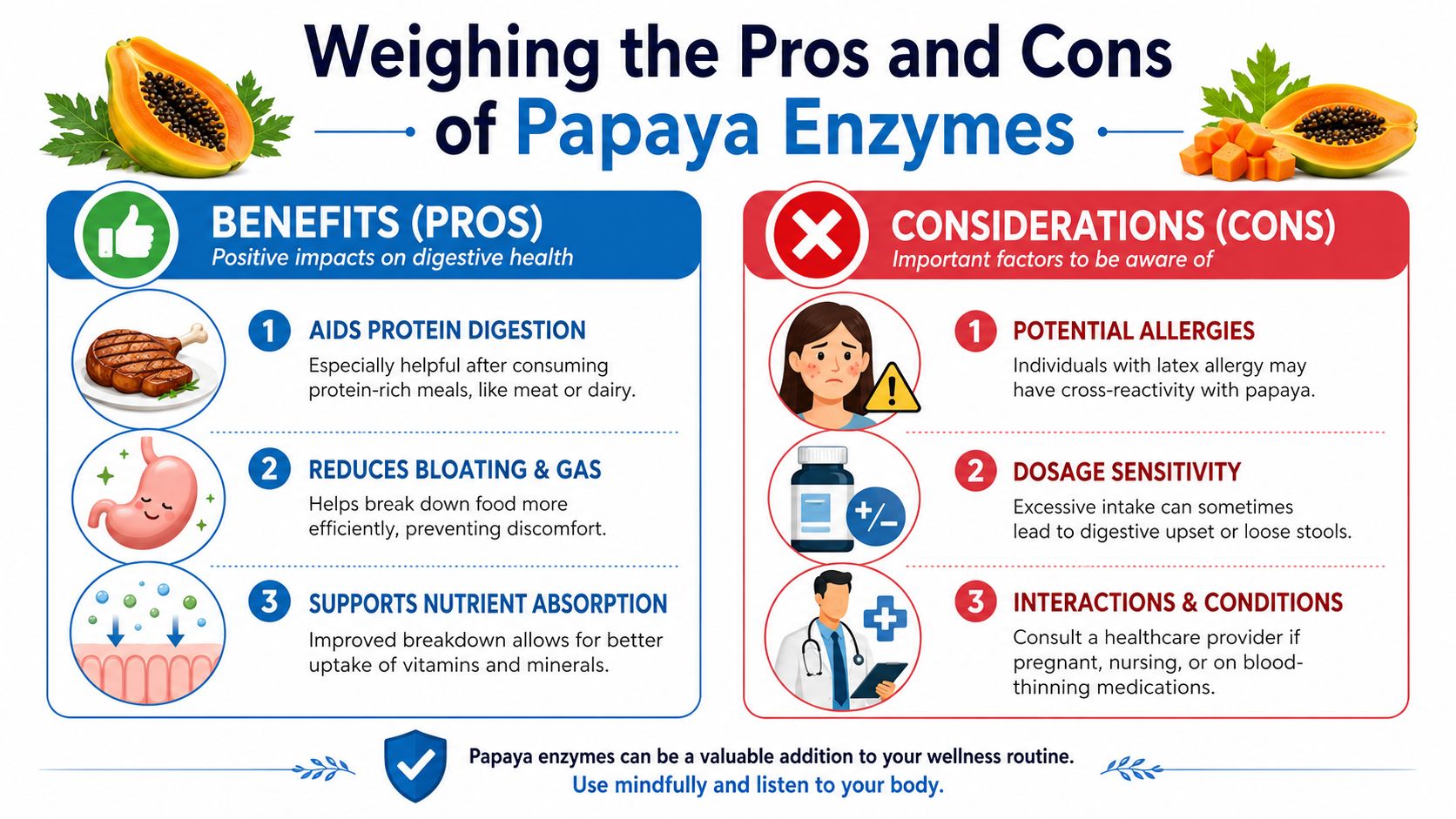 An infographic titled Weighing the Pros and Cons of Papaya Enzymes displaying benefits and considerations.