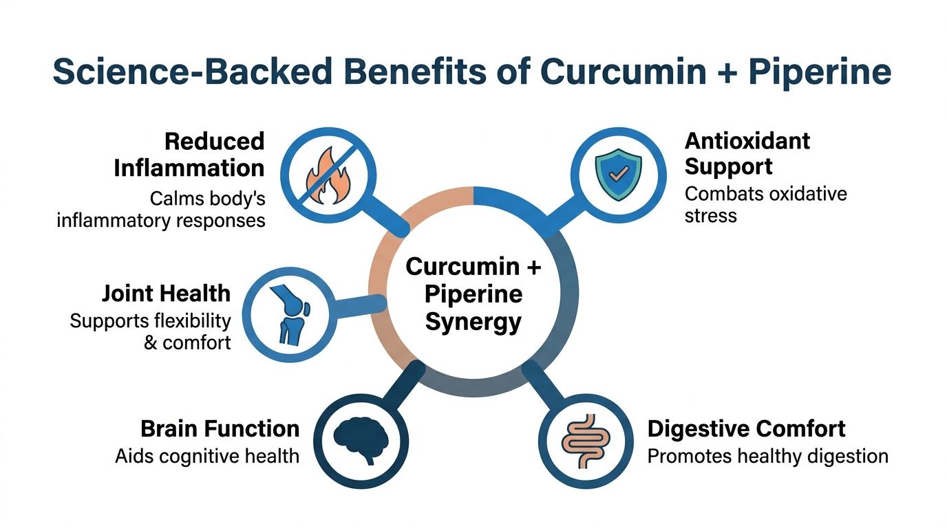 A diagram illustrating the science-backed health benefits of combining curcumin and piperine for human wellness.
