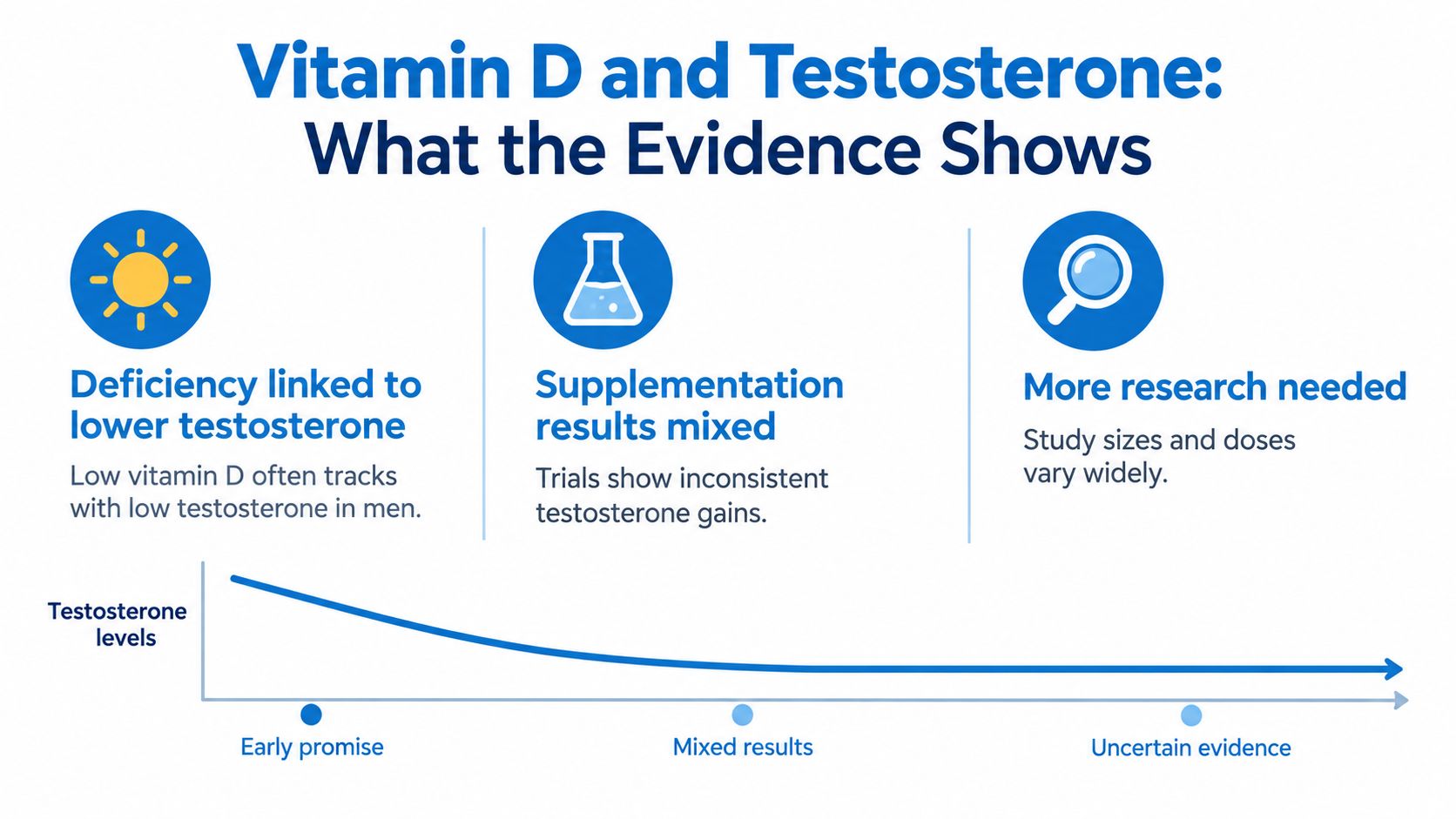 An infographic illustrating the uncertain relationship between vitamin D supplementation and testosterone levels in men.