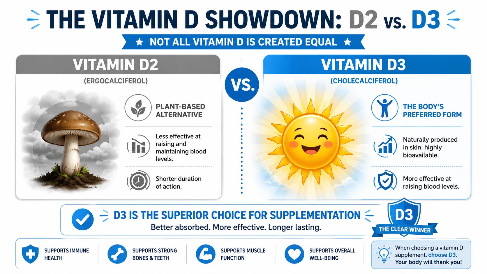 A comparison infographic between Vitamin D2 and D3 highlighting that D3 is the preferred, more effective form.