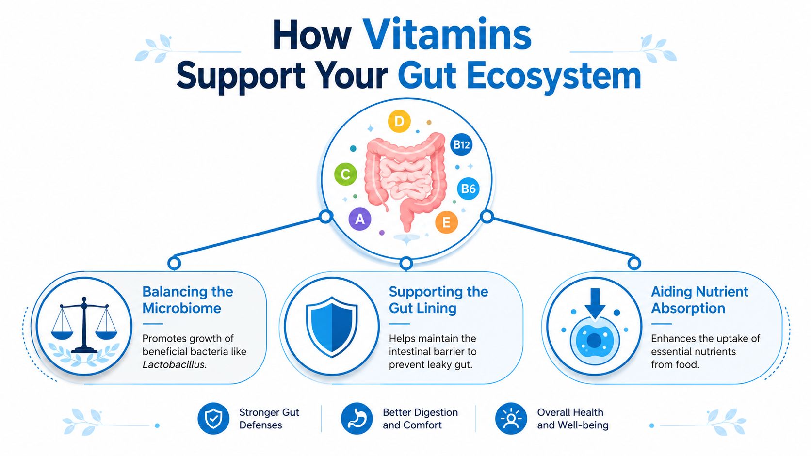 An infographic showing how vitamins support gut health, balancing the microbiome, and aiding nutrient absorption.