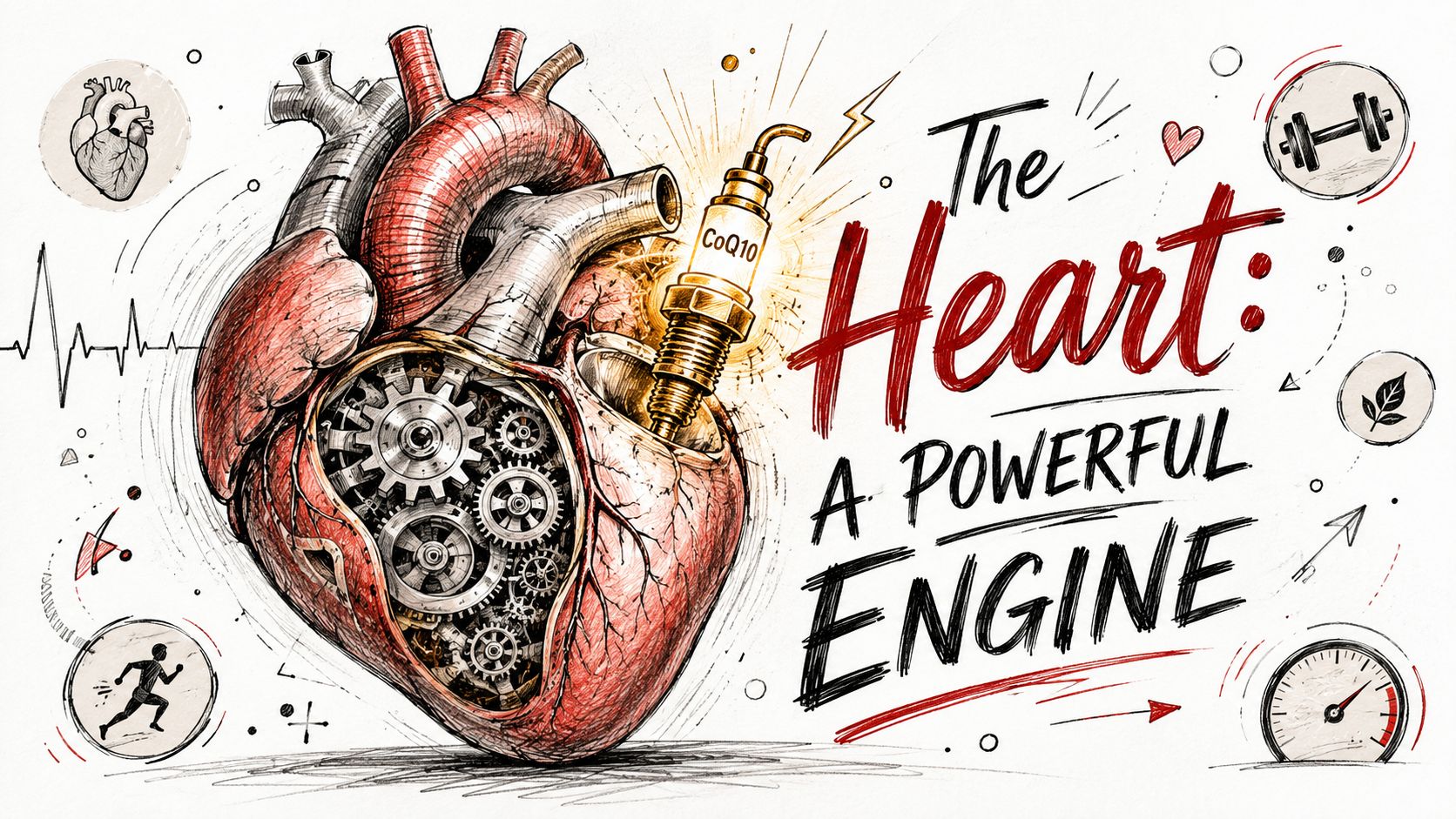 A creative illustration depicting a human heart as a mechanical engine fueled by a CoQ10 spark plug.